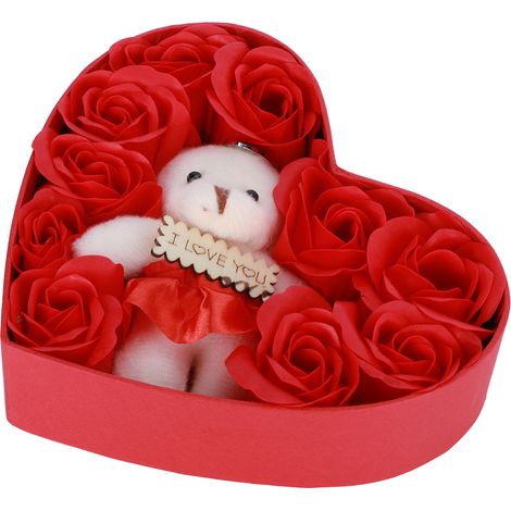 Fleurs de Savon Roses Artificielles avec Ours et Boîte Cadeau - Idée Anniversaire ou Saint-Valentin Rouge (1/5)
