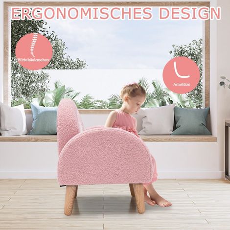 Fauteuil enfant rose en velours teddy avec dossier arc-en-ciel, assise rembourrée et pieds en bois massif pour chambre et salon (1/5)