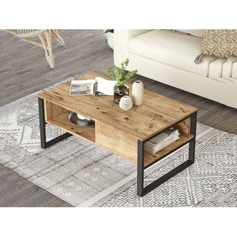 Dmora - Mesa de café Dfranzos, Mesa de centro baja, Revistero para sofá, Estante de la sala de estar, 100x60h44 cm, Roble (1/5)