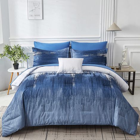 Parure de lit 8 pièces réversible pour Homme et Femme avec Couette, draps, taies d'oreiller et taies d'oreiller, Housse de Coussin - Bleu ombré - pour très Grand lit (1/5)