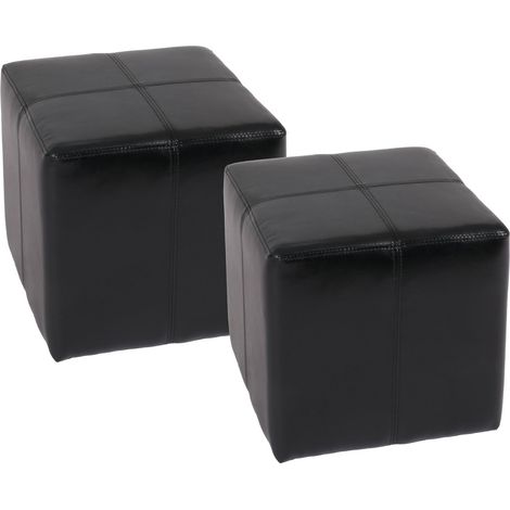 2x tabouret pouf dé Onex, cuir, 36x36x36cm, noir (1/5)