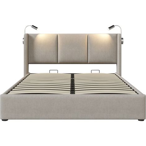 Lit rembourré 140x200 cm beige en lin avec rangement, sommier à lattes et lampe de lecture (sans matelas) (1/5)