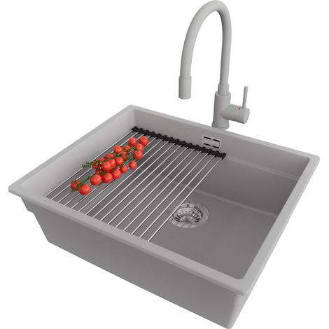 PRIMAGRAN Evier Sous Plan 56x47cm,Evier en Granit 1 bac + Robinet 38x14cm + Kit de Vidage + Égouttoir Enroulable, Évier au meuble 60cm - Prague, Gris (1/5)