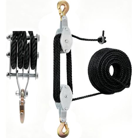 Poulie lourde avec frein à câble en nylon de 20 m : poulie de charge maximale 4400 lb Cordes de levage manuelles économiseur de main-d'œuvre Palan haute performance pour garages, entrepôts (1, argent) (1/5)