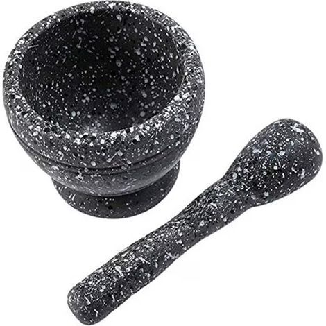 Ensemble mortier et pilon, bol de broyage en plastique réutilisable avec poignée, pour sauces, ail, broyeur à épices, broyeur manuel, broyeur, ustensiles de cuisine, épices (granulés de granit noir). (1/5)