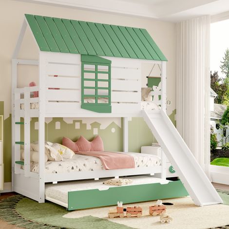 Letto a castello in MDF e pino bianco e verde 90x200 cm con scivolo, struttura a casetta e letto estraibile (1/5)