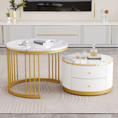 Table basse gigogne 60x60x45,5 cm en MDF blanc, avec rangement pour salon FloraGrace (1/5)
