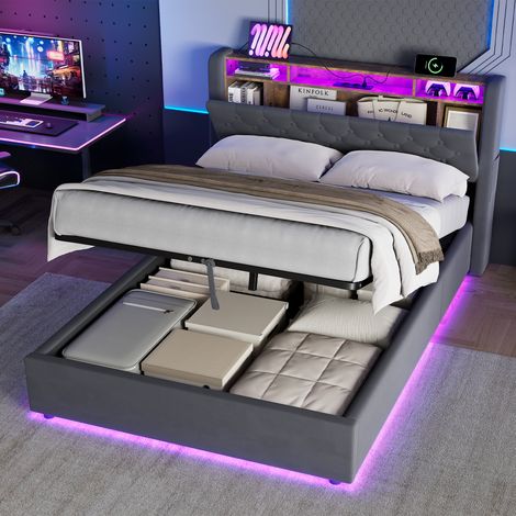 Cama tapizada 140x190 cm con canapé hidráulico, LED y USB HAVRYA (1/5)