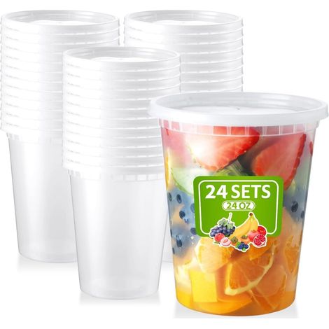 24-Piece Plastic Soup Storage Containers with Lids, 720ml/24oz Reusable Cups for Food Storage, Leakproof, Freezer Safe, Microwave Safe