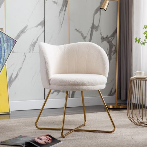 Wahson Fauteuil de salon en fausse fourrure – Coussin épais en éponge haute densité – Pieds en métal doré – Confort moderne pour salon et bureau, Blanc