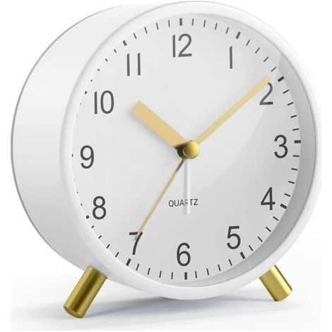 Sveglia analogica silenziosa senza ticchettio, orologio da comodino classico in metallo con luce notturna e grande display, sveglia a batterie per camera da letto, bambini, anziani (bianco) (1/5)