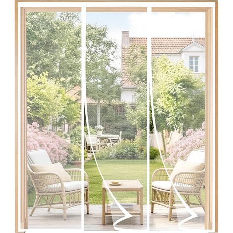 Moustiquaire Porte Fenêtre 180x215cm, Magnétique Double Porte, Fermeture Automatique Sans Perçage, Anti Mouches pour Baie Vitrée Coulissante, Balcon, Terrasse et Patio, Blanc (1/5)