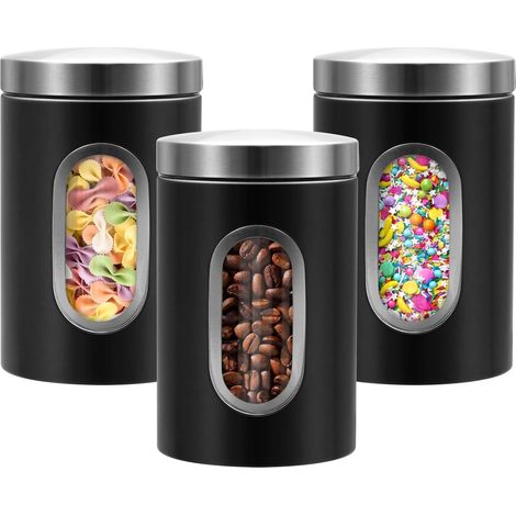 Boîtes de Rangement pour Cuisine, Lot de 3 Pots à Sucre Farine Thé Café, Contenants Alimentaires en Acier Inoxydable avec Fenêtre Transparente, Organiseur pour Plan de Travail, Noir (1/5)