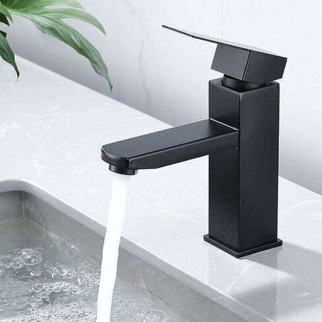 Robinet de lavabo carré noir, mitigeur salle de bain eau chaude/froide. Acier inoxydable, design moderne, facile à installer sur tout lavabo. (1/5)