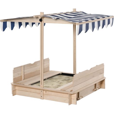 Holzsandkasten für Kinder 106x106 cm mit Deckel, Bänken und verstellbarem Sonnendach - Outdoor-Spielset für den Garten, inklusive Aufbewahrungsbox.