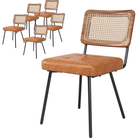 Set di 6 sedie da pranzo in PU marrone con schienale in rattan e gambe in metallo (1/5)