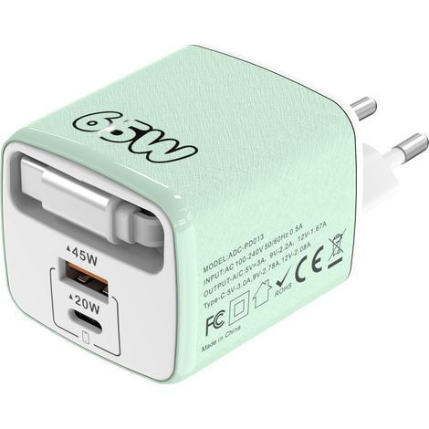 Chargeur voyage multi-port 1PD+USB 65W PD couleur macaron avec câble rétractable, prise européenne pour téléphone-Vert (1/5)
