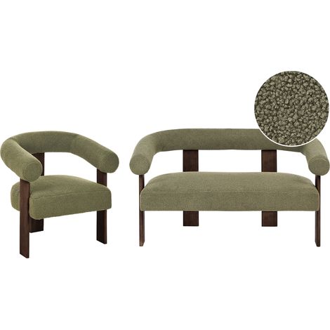 Conjunto de sala de estar retro sofá 2 plazas sillón tapizado de bouclé patas de madera verde y marrón oscuro Ilbro (1/5)