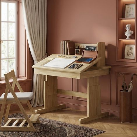 Kinderschreibtisch Höhenverstellbar aus Massivholz, Kindertisch mit Neigbarer Tischplatte und Buchstütze, Ergonomischer Schülerschreibtisch 80x60cm Natur (1/5)
