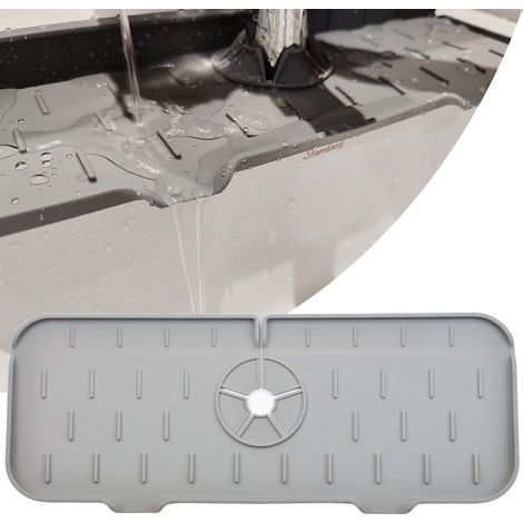 Tapis de robinet de cuisine en silicone anti-éclaboussures, pour un écoulement optimal et un séchage facile. Dimensions approximatives : 37 x 14 x 0,6 cm, tuyau de 2,2 pouces, gris clair. (1/5)