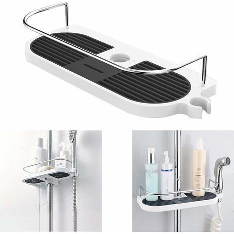 Support de douche sur rail de douche sans perçage, support de douche télescopique en alliage d'aluminium avec tige réglable et 2 crochets pour serviettes, convient au rail de 19 mm à 25 mm (1/5)