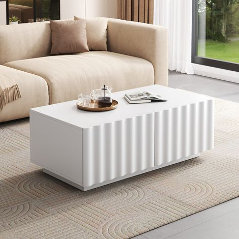 Mesa de centro 100x50x40 cm blanca en MDF y tablero de partículas con 2 cajones y frente ondulado (1/5)