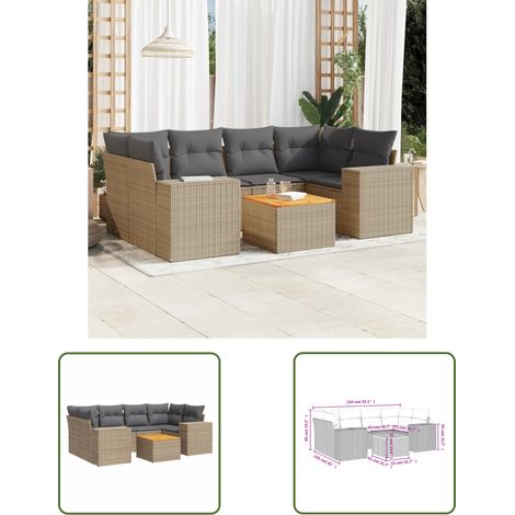 The Living Store Salon de jardin avec coussins 7 pcs beige résine tressée - Ensemble Salon De Jardin - Meuble Extérieur - Résine Tressée - Rotin Synthétique - Acacia (1/3)