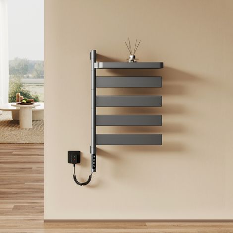 EMKE Sèche-serviettes Électrique Connecté 120W, Tubes Plats Pivotants à 180° avec Étagère, Radiateur Salle de Bain WiFi, 77x45 cm, Gris Anthracite (1/5)