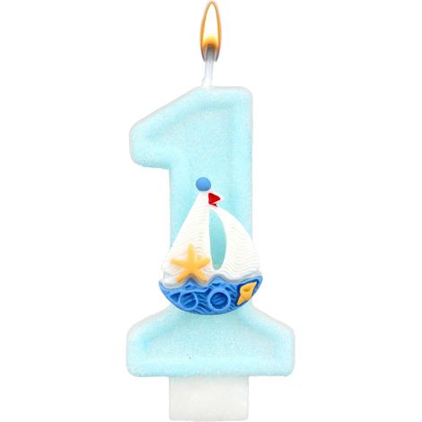 Thème Surf Bougie d'Anniversaire Numéro 1, Bleu Paillettes Décoration Gâteau pour Garçon 1er Anniversaire Océan et Bord de Mer Décoration Fête Baby Shower Fournitures (Voilier) (1/5)
