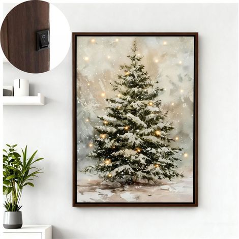 Tableau Lumineux Noël - Arbre Enneigé Sur Toile - Décoration Murale Pour Intérieur - Alimenté Par Piles - 53 X 38 Cm - 1 Pièce (1/5)