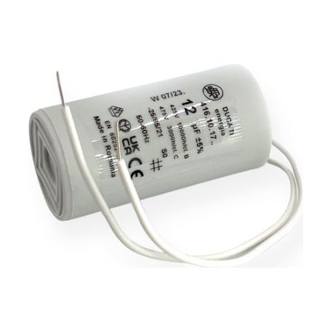 Ducati Energia – Condensateur permanent 12µF – Ø36x70mm – Fond plat pour moteurs monophasés – Longueur fils 150mm – Homologation VDE EN60252-1