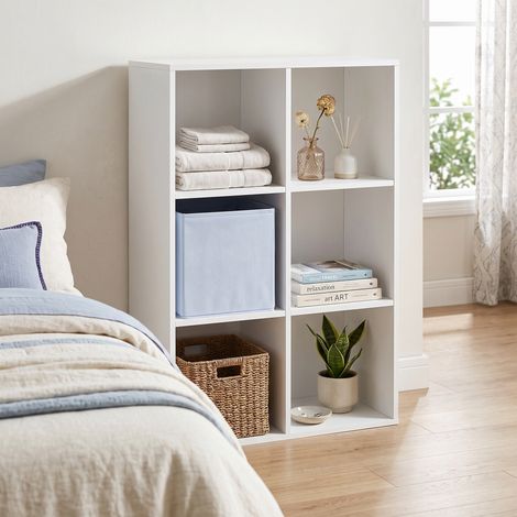 Bibliothèque Étagère Cube de Rangement en Bois à 6 Compartiments 97,5 x 65,5 x 30 cm Blanc (1/5)