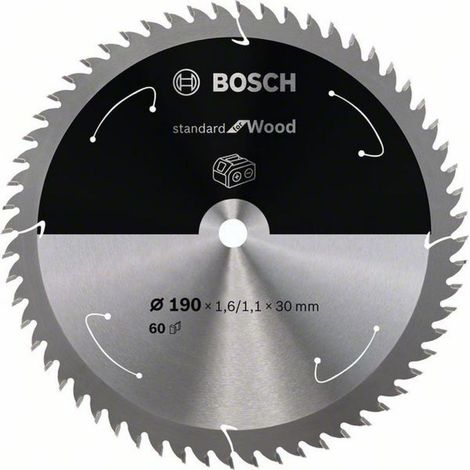 Bosch Akku-Kreissägeblatt Standard for Wood, 190 x 1,6/1,1 x 30, 60 Zähne, Freiwinkel 15°, Spanwinkel 10° (1/4)