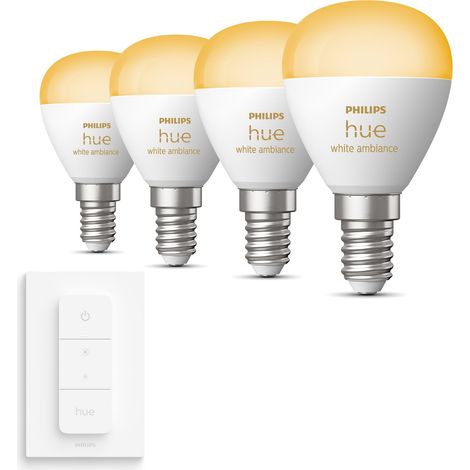 Philips Hue Kit d'extension E14 avec 4 Ampoules Sphérique Lumière blanche chaude à froide - Comprend 1 Variateur de lumière - White Ambiance