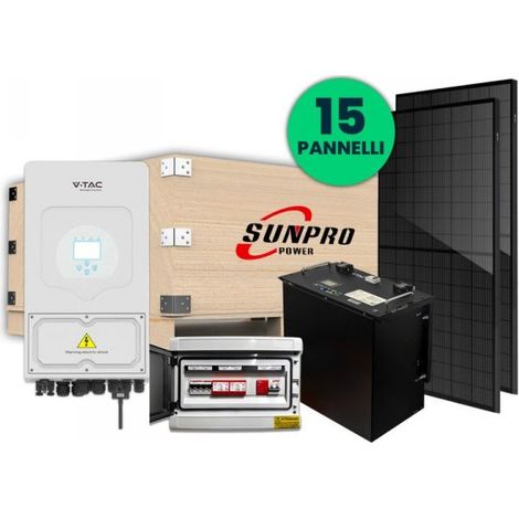 KIT Fotovoltaico Monofase Completo 6KW Con 15 Moduli 410W Batteria 10KWh, Batteria di Accumulo 9.6kWh, Inverter Ibrido 6kW, Quadro AC/DC Monofase 6kW 2 Stringhe 2 MPPT