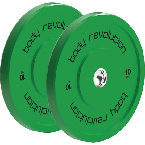 Paire de disques bumper verts de 10 kg en caoutchouc haute densité avec bague en acier. Codés IWF, 45 cm de diamètre. Compatibles avec barres de 2”. Parfaits pour la musculation.