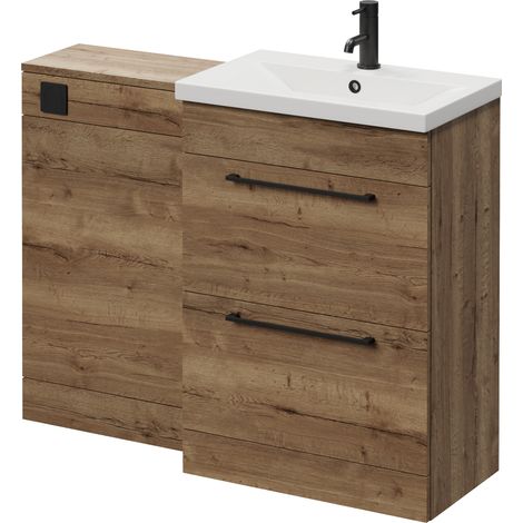 Napoli 390 Tobacco Oak 1100mm 2 Drawer Vanity Unit Toilet Suite with Glide Basin - 1100mm - Matt Black 320mm HandleWithout Kingston Toilet Pan