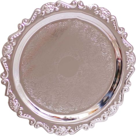 Plateau rond à fruits en métal, plat de service décoratif pour desserts et gâteaux, idéal pour les mariages et fêtes (argenté). (1/5)