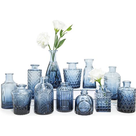 Lot de 12 Petits vases à Fleurs en Verre Bleu pour centres de Table, Mini vases Vintage pour Mariage, Maison, décoration de Table (1/5)