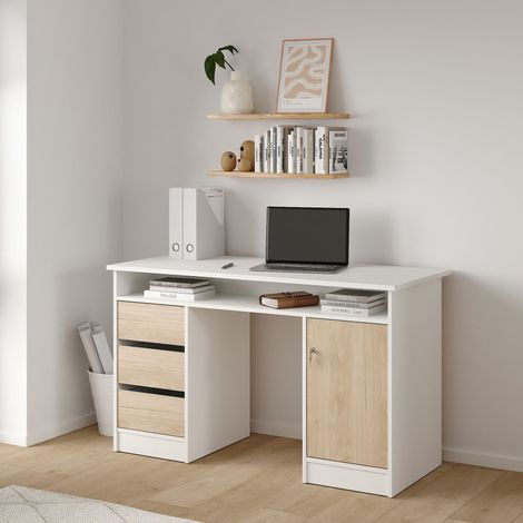 Scrivania Shanshan, 3 Cassetti, 3 Ripiani, Un'anta, 126x55x76h cm Bianco (1/5)