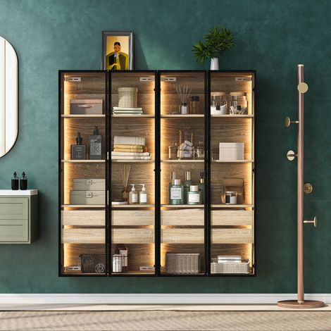 Lot de 2 meubles de salle de bain avec led, 2 tiroirs et 2 portes vitrées, naturel (1/5)