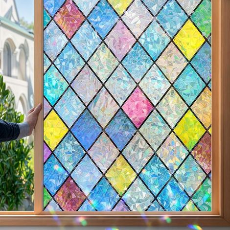Vitrail Film Fenetre Anti Regard Effet Arc en Ciel 30 x 100cm Motif en Losanges Film Electrostatique Vitre Non Adhesif Décoratif Anti UV Brise Vue Fenetre pour Chambre Cuisine (1/5)