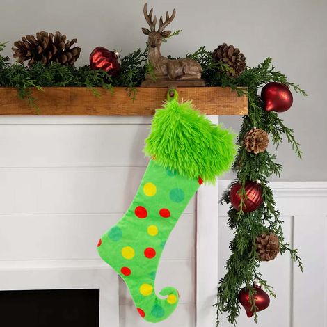 Chaussette De Noël - En Laine Tricotée - À Motif Pointillé Vert - Avec Anneau De Suspension - Pour Enfants Et Adultes - 1 Pièce (1/5)