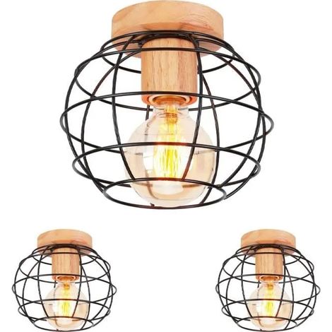 U-do 3pcs Plafonnier Intérieur Industriel Couloir Lampe Plafonnier Vintage en Bois Métal design Simple décoration pour Salon (1/4)