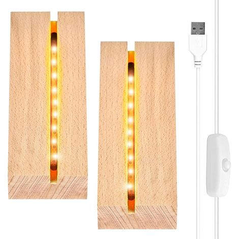 Lot de 2 Socles LED en Bois - Base d'Affichage LED - Lampe de Bureau Rectangulaire Éclairée - Interrupteur USB pour Plaque Acrylique Épaisse - Verre en Cristal (1/5)