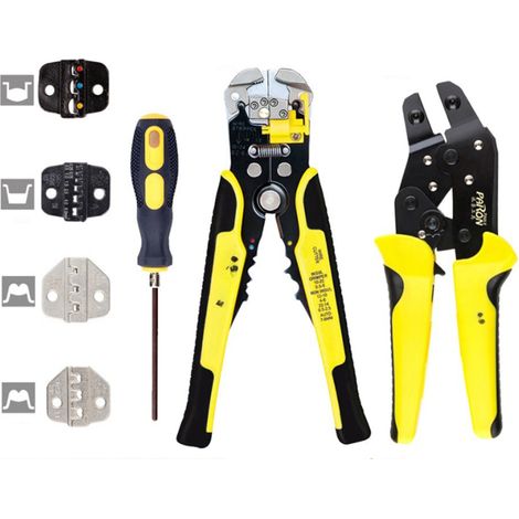 Pince à sertir professionnelle 4 en 1 pour cosses, avec dénudeur de fil intégré, jaune et noire (1/5)