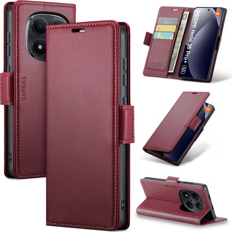 Schutzhülle für Xiaomi Redmi Note 15 Pro Plus 5G / Poco M8 Pro 5G, erbord Glossy Litchi, Brieftaschenhülle mit Klappe, rot (1/5)