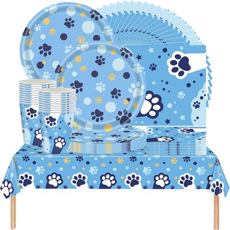 61 pièces de vaisselle de fête sur le thème des pattes de chien, vaisselle de fête d'anniversaire pour animaux de compagnie comprenant des tasses, des assiettes (1/5)