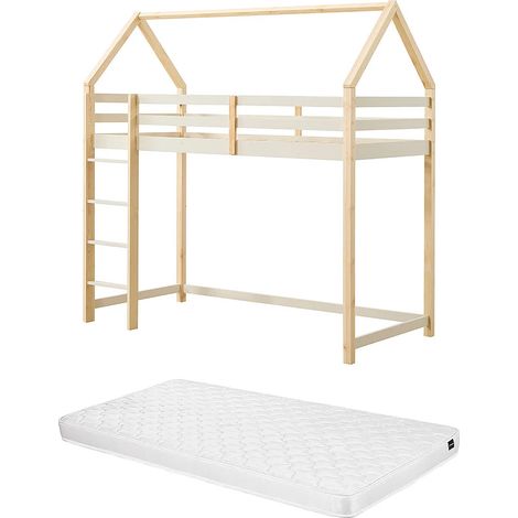 Lit mezzanine cabane 90 x 190 cm - Pin massif – Beige et naturel + Matelas - TARZIA (1/5)
