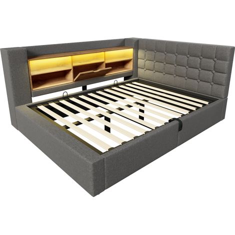 Lit rembourré 140 x 190 cm, lit double avec éclairage LED, rangement hydraulique, tête de lit en L avec rangement, montage réversible des deux côtés, sommier à lattes, tissu de lin, gris (sans matelas (1/5)